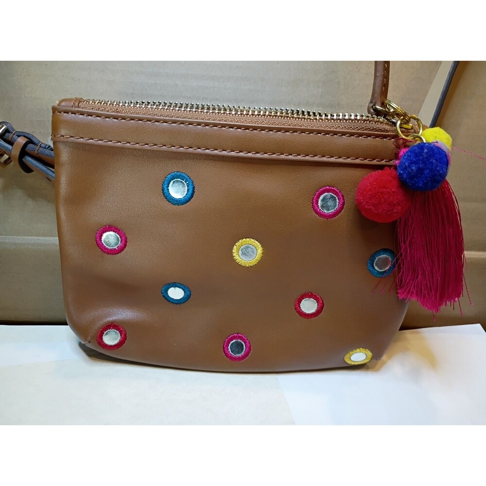 Brown Faux Leather Crossbody Purse With Colorful Embroidered Mirrors and Tassel